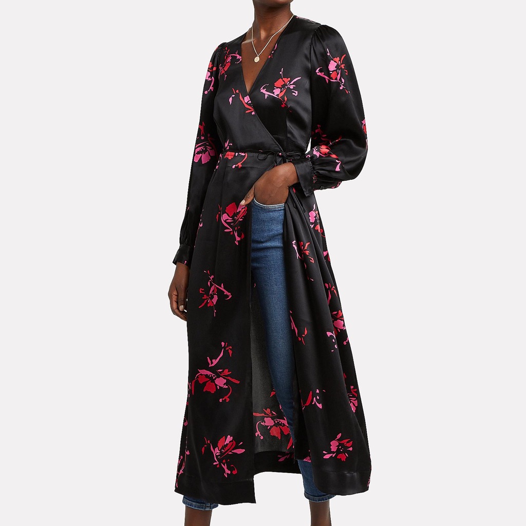 Ganni Silk Floral Print Satin Wrap Dress